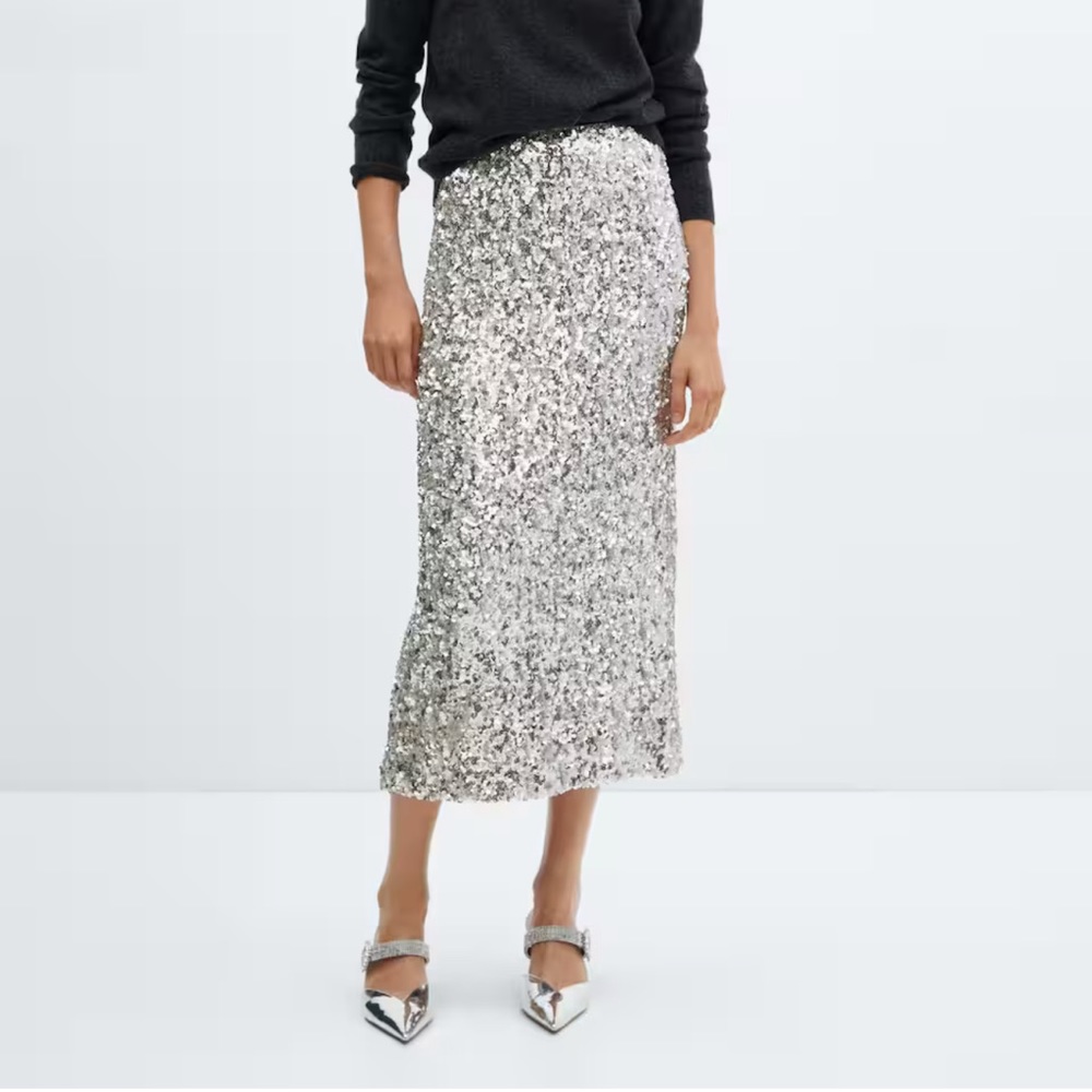 NWT - Mango silver sequin skirt size M